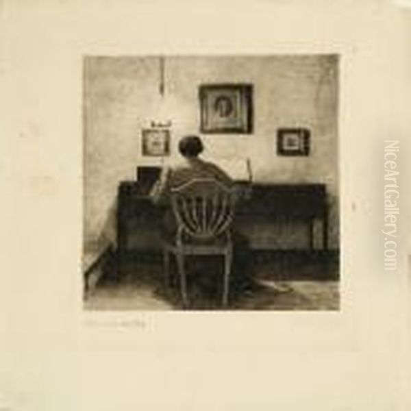 A Girl At A Spinet And A Girl In A Bed Chamber Oil Painting by Peder Vilhelm Ilsted