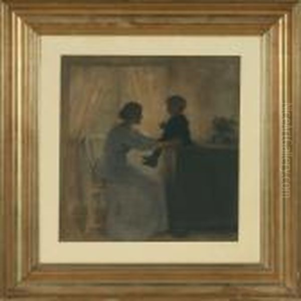 Interior With Mother And Son Oil Painting by Peder Vilhelm Ilsted