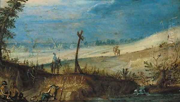 A landscape with soldiers resting by a path and two cavaliers in arms on their mounts, a village beyond Oil Painting by Antoine Mirou