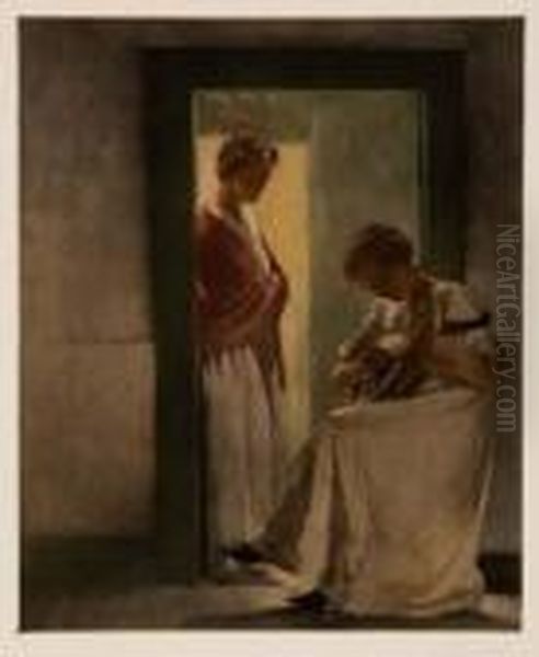 Two Young Girls In A Doorway Oil Painting by Peder Vilhelm Ilsted