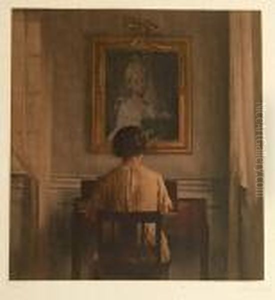 Mother And Child. Signed And 
Numbered With Led Peter Ilsted 75/41. Mezzotint. Visible Size 48 X 43 Cm Oil Painting by Peder Vilhelm Ilsted