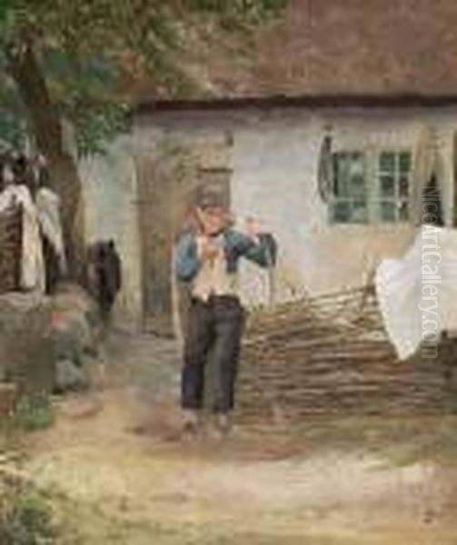 A Farm Exterior With A Boy Reading A Letter. Signed Monogram Oil Painting by Peder Vilhelm Ilsted