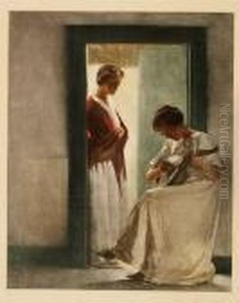 Two Young Girls In A Doorway Oil Painting by Peder Vilhelm Ilsted