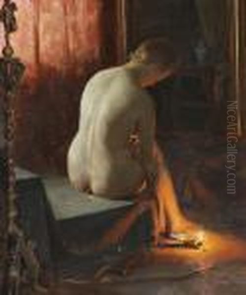 Interior With A Nude Seen From Behind Oil Painting by Peder Vilhelm Ilsted