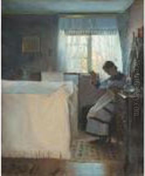 Kvinde Der Syr (woman Sewing By A Window) Oil Painting by Peder Vilhelm Ilsted