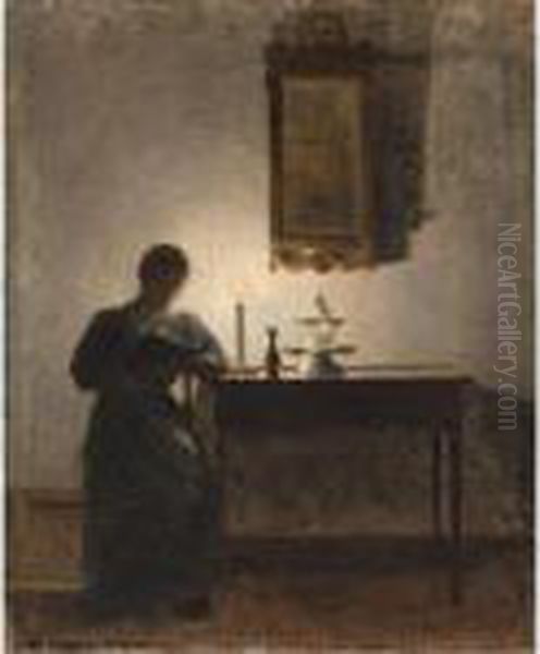 I Stearinlysets Skaer (reading By Candlelight) Oil Painting by Peder Vilhelm Ilsted