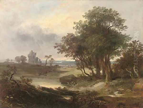 A ruined castle beyond a pool Oil Painting by Horatio Macculloch