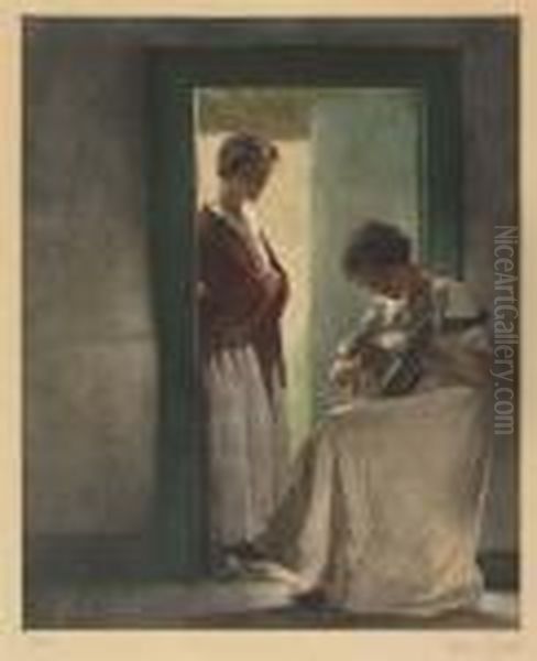 Two Young Girls In A Doorway Oil Painting by Peder Vilhelm Ilsted