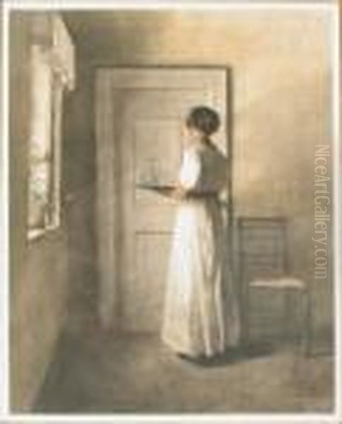 Girl With Tray Oil Painting by Peder Vilhelm Ilsted