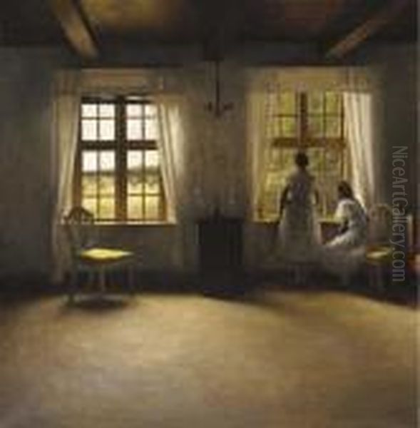 Young Girls Standing By A Window In An Interior Oil Painting by Peder Vilhelm Ilsted