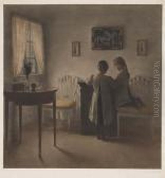 Two Little Girls Playing Oil Painting by Peder Vilhelm Ilsted