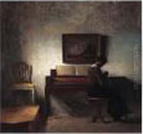 Sying Ved Pianoet (sewing By The Piano) Oil Painting by Peder Vilhelm Ilsted