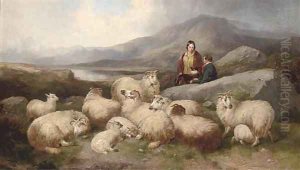 A shepherd with his flock in a Highland landscape Oil Painting by J.W. Morris