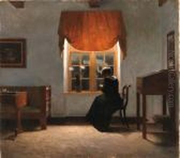 A Woman Knitting By A Window Oil Painting by Peder Vilhelm Ilsted