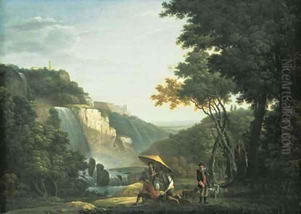 View of the Falls at Tivoli and the Villa of Maecenas, an artist sketching and sportsmen in the foreground Oil Painting by Jacob More