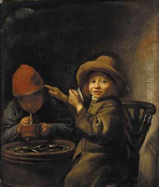 A boy eating mussels, another lighting a pipe Oil Painting by Jan Miese Molenaer