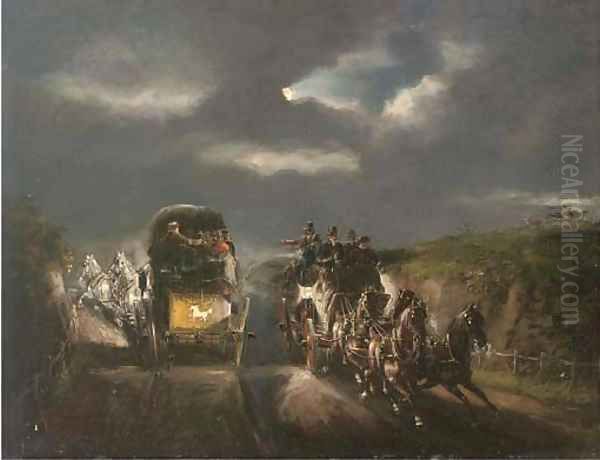 The London to York stage coaches Oil Painting by John Charles Maggs