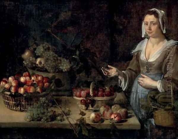 A serving girl next to a table with baskets of melons, plums, peaches, apples and grapes Oil Painting by Louise Moillon