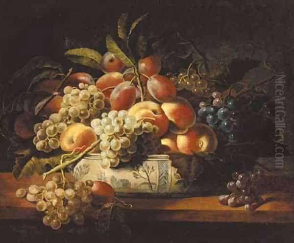 Plums, grapes, and peaches in a blue and white bowl on a table Oil Painting by Louise Moillon