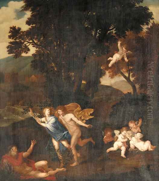 A wooded landscape with Apollo and Daphne Oil Painting by Pier Francesco Mola