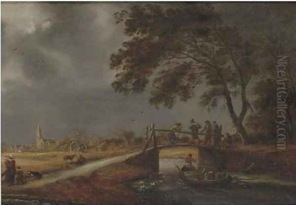 A stormy landscape with travellers on a bridge, a boat passing by and a woman with children on a path, a village beyond Oil Painting by Pieter Molijn