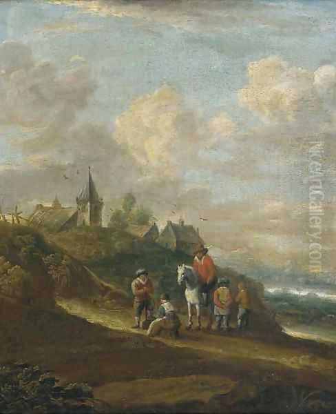 A dune landscape with peasants resting on a track, a town beyond Oil Painting by Pieter Molijn