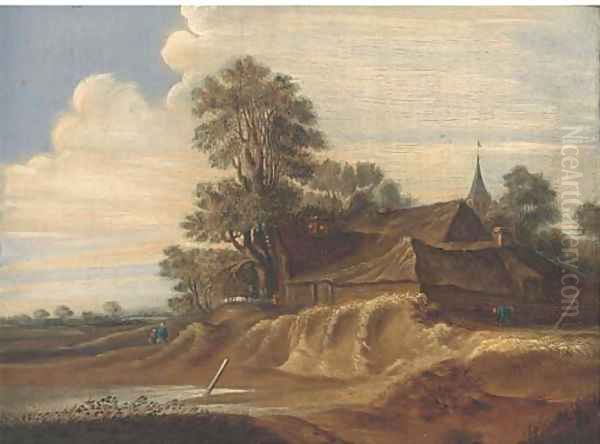 A landscape with a farm and farmhands; and A riverside town with fishermen in a boat and a windmill beyond Oil Painting by Pieter Molijn