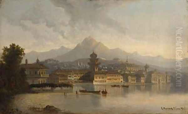 A capriccio view of a town on a lake Oil Painting by Charles Marchand