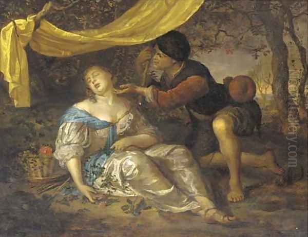 A shepherd kneeling over a lady sleeping under a canopy in a wooded landscape Oil Painting by Karel De Moor