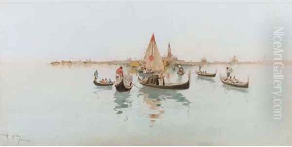 Gondolas and fishing craft on the Lagoon, Venice (illustrated) Oil Painting by Raffaele Mainella