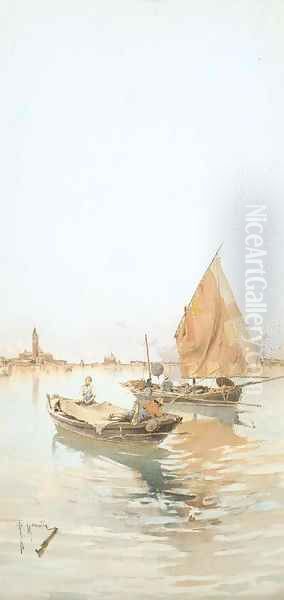 Boats sailing in the Lagoon Oil Painting by Raffaele Mainella