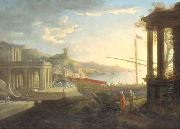 A Mediterranean harbour with figures amongst classical ruins Oil Painting by Adriaen Mangland