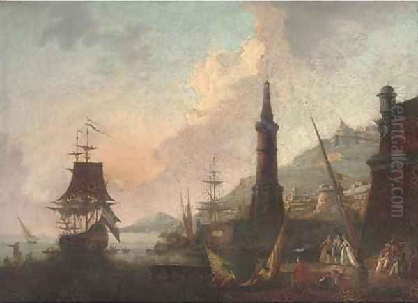 A Mediterranean harbour with elegant company and merchants by a lighthouse, shipping beyond Oil Painting by Adriaen Manglard