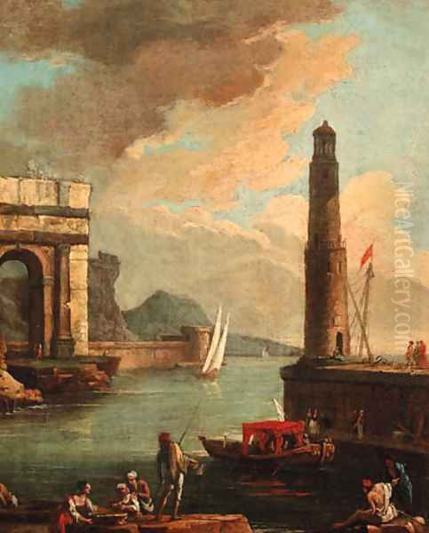 A Mediterranean harbour with peasants on the shore with a launch by a quayside and a tower beyond Oil Painting by Adriaen Manglard