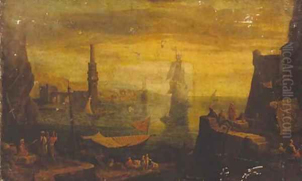 A Mediterrean harbour at sunset Oil Painting by Adriaen Manglard