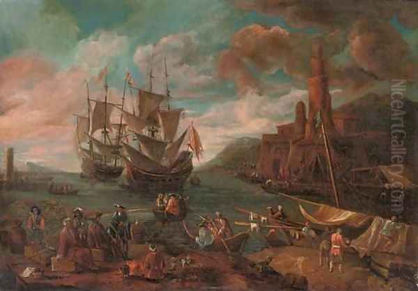 A Mediterranian coastal scene with figures disembarking from a ship and a town beyond Oil Painting by Adriaen Manglard