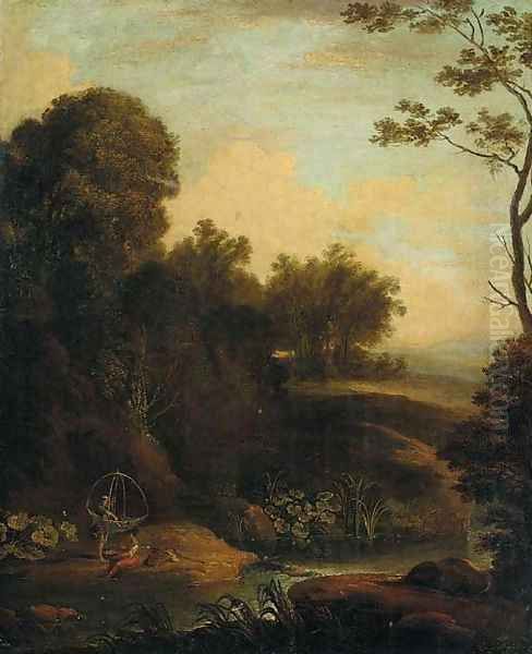 A wooded river landscape with fisherfolk in the foreground Oil Painting by Aelbert Meyeringh