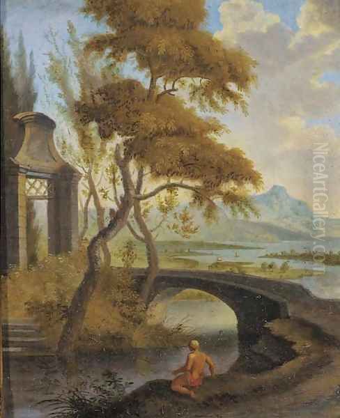 An extensive river landscape with a bather by a bridge Oil Painting by Aelbert Meyeringh