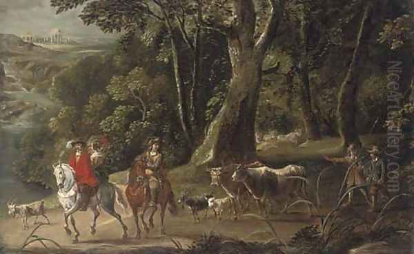 A river landscape with elegant figures on horseback, drovers and their cattle behind Oil Painting by Anton Mirou