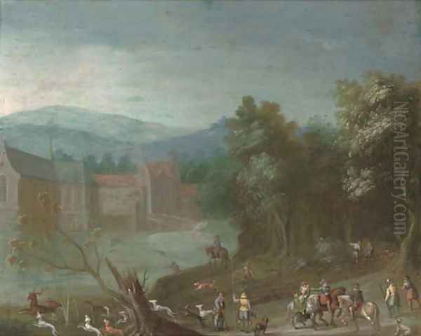 A wooded river landscape with a stag hunt, a castle beyond Oil Painting by Anton Mirou