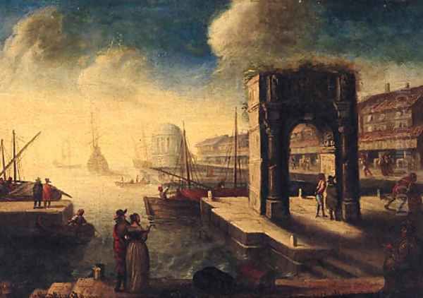 A capriccio of an Italianate port with an elegant couple on a quay Oil Painting by Hendrik van Minderhout