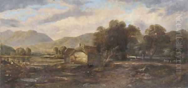 Figures beside a cottage in a highland landscape Oil Painting by Horatio McCulloch