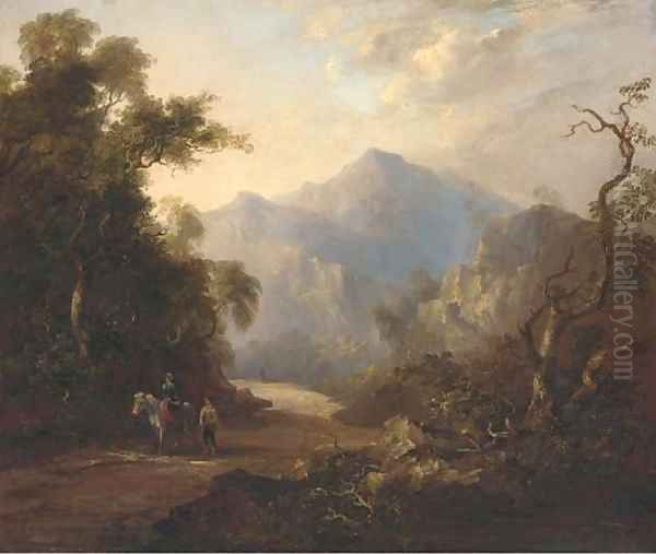 Figures on a beaten track in a mountainous landscape Oil Painting by Horatio McCulloch