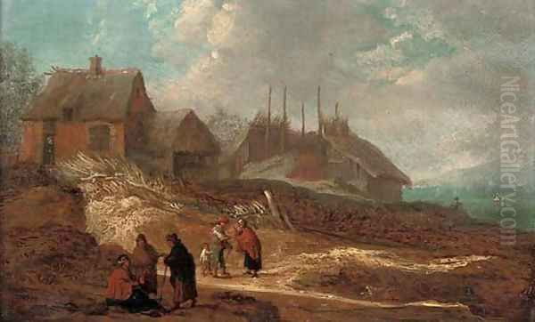 A dune landscape with figures conversing on a track before a village, a river beyond Oil Painting by Jacobus Sibrandi Mancadan