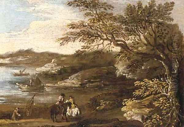 A wooded river landscape with riders on a track and fishermen beyond Oil Painting by Jan de Momper