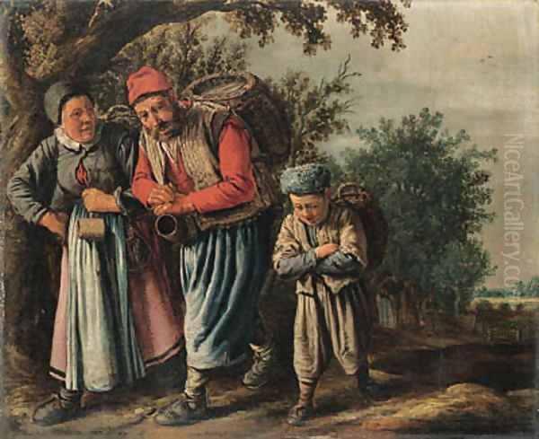 A peasant family carrying baskets on a track on the way to market Oil Painting by Pieter de Molyn