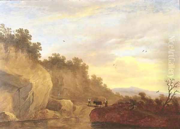 An Italianate landscape with herdsmen and a cow crossing a bridge Oil Painting by Pieter de Molyn