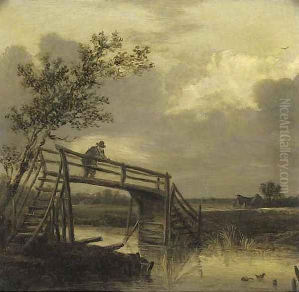 A river landscape with a peasant on a timber bridge Oil Painting by Pieter de Molyn