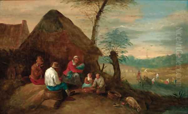 Harvesters resting by a cottage Oil Painting by Theobald Michau