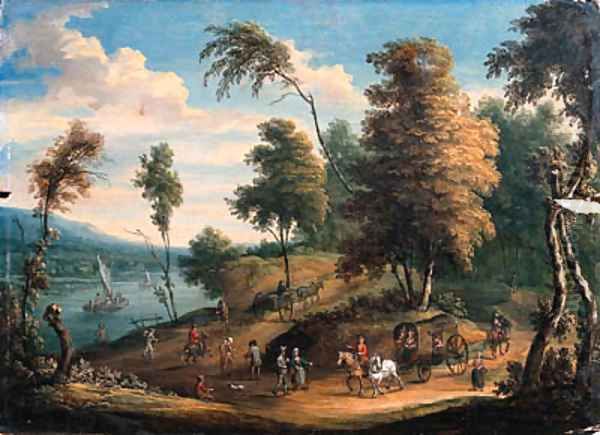 A Dutch river Landscape with Wagons and Travellers on horseback Oil Painting by Theobald Michau